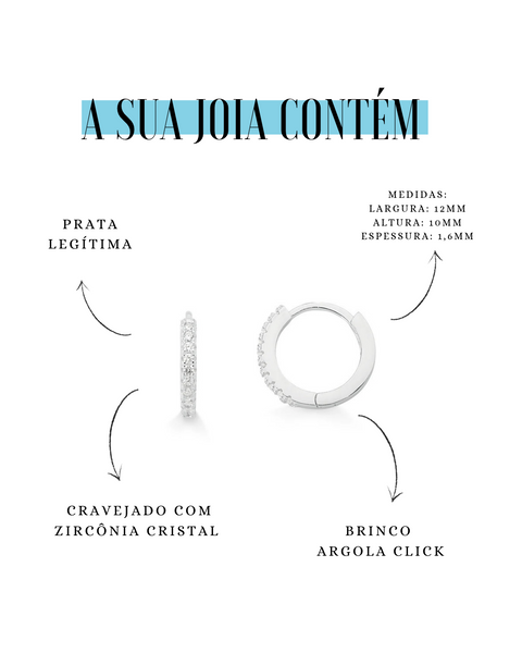 Brinco de Prata Argola Click com Zircônias Cristal 12mm