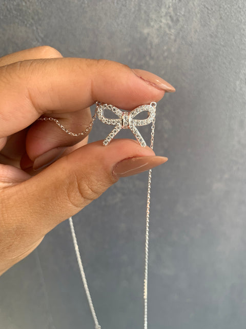 Colar Gargantilha Prata 925 Pingente Laço Pedra Zircônia