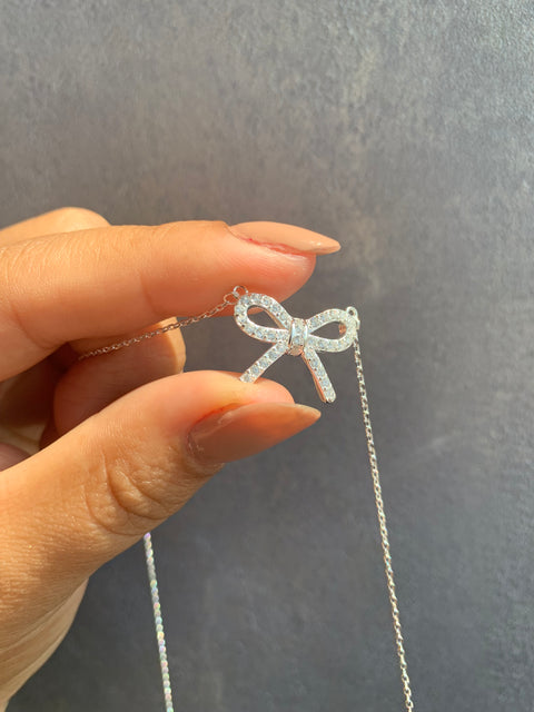 Colar Gargantilha Prata 925 Pingente Laço Pedra Zircônia