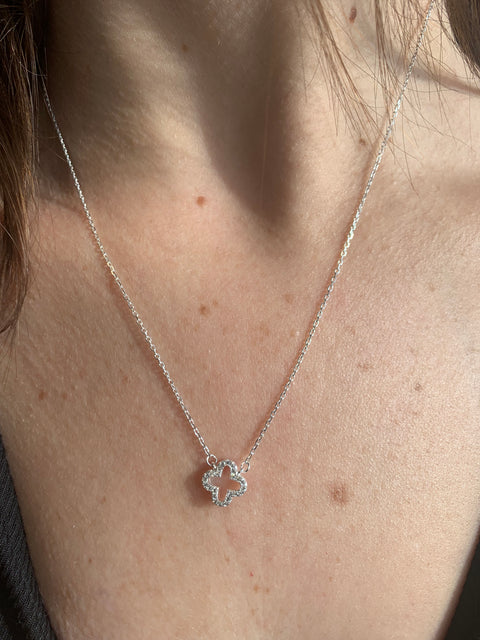 Colar Prata 925 Trevo Vazado Feminino Zircônia Cristal 45cm