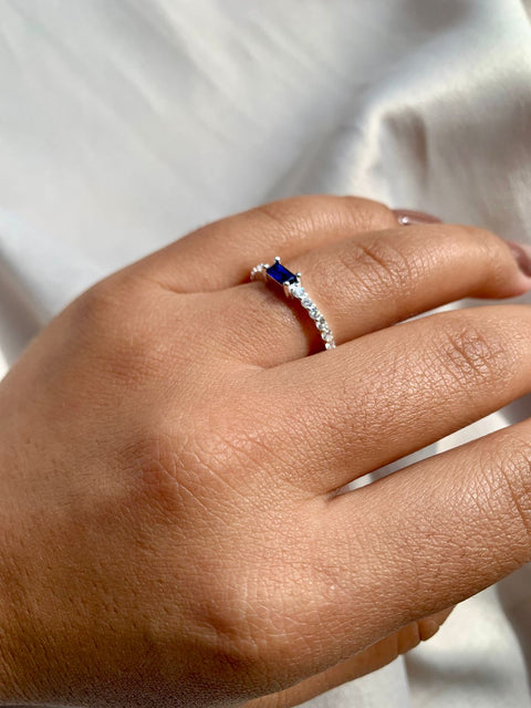 Anel Prata 925 Meia Aliança Solitário Safira Azul Feminino