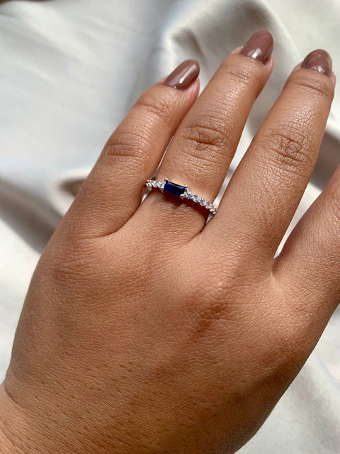 Anel Prata 925 Meia Aliança Solitário Safira Azul Feminino