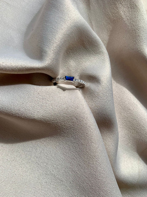 Anel Prata 925 Meia Aliança Solitário Safira Azul Feminino