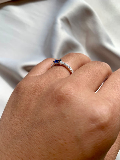 Anel Prata 925 Meia Aliança Solitário Safira Azul Feminino