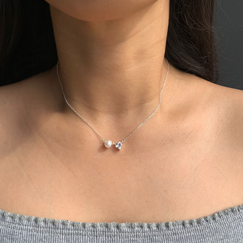 Colar Gargantilha em Prata 925 com Pérola e Coração Zircônia