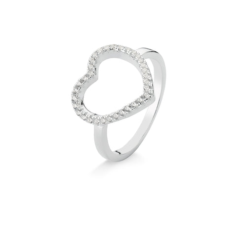 Anel de Prata Coração Vazado Cravejado de Zircônias Cristal