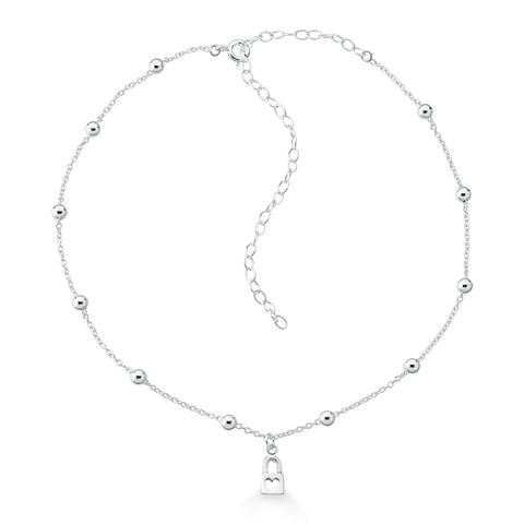 Choker em Prata Bolinhas e Pingente Cadeado Coração