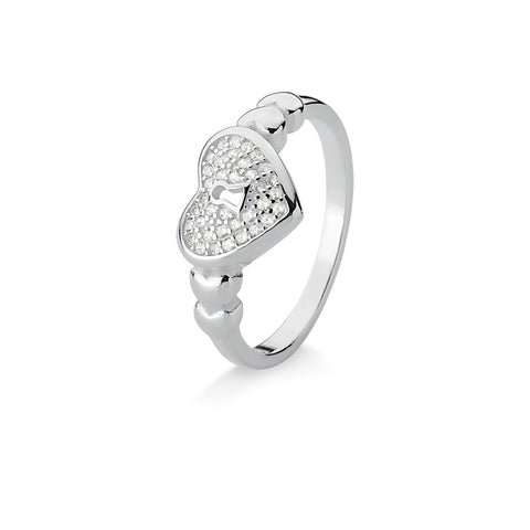 Anel de Prata Coração Cadeado com Pedras Zircônia