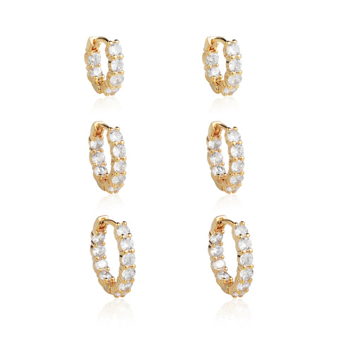 Brinco Trio de Argolas com Zircônia Frente e Verso Gold 18K